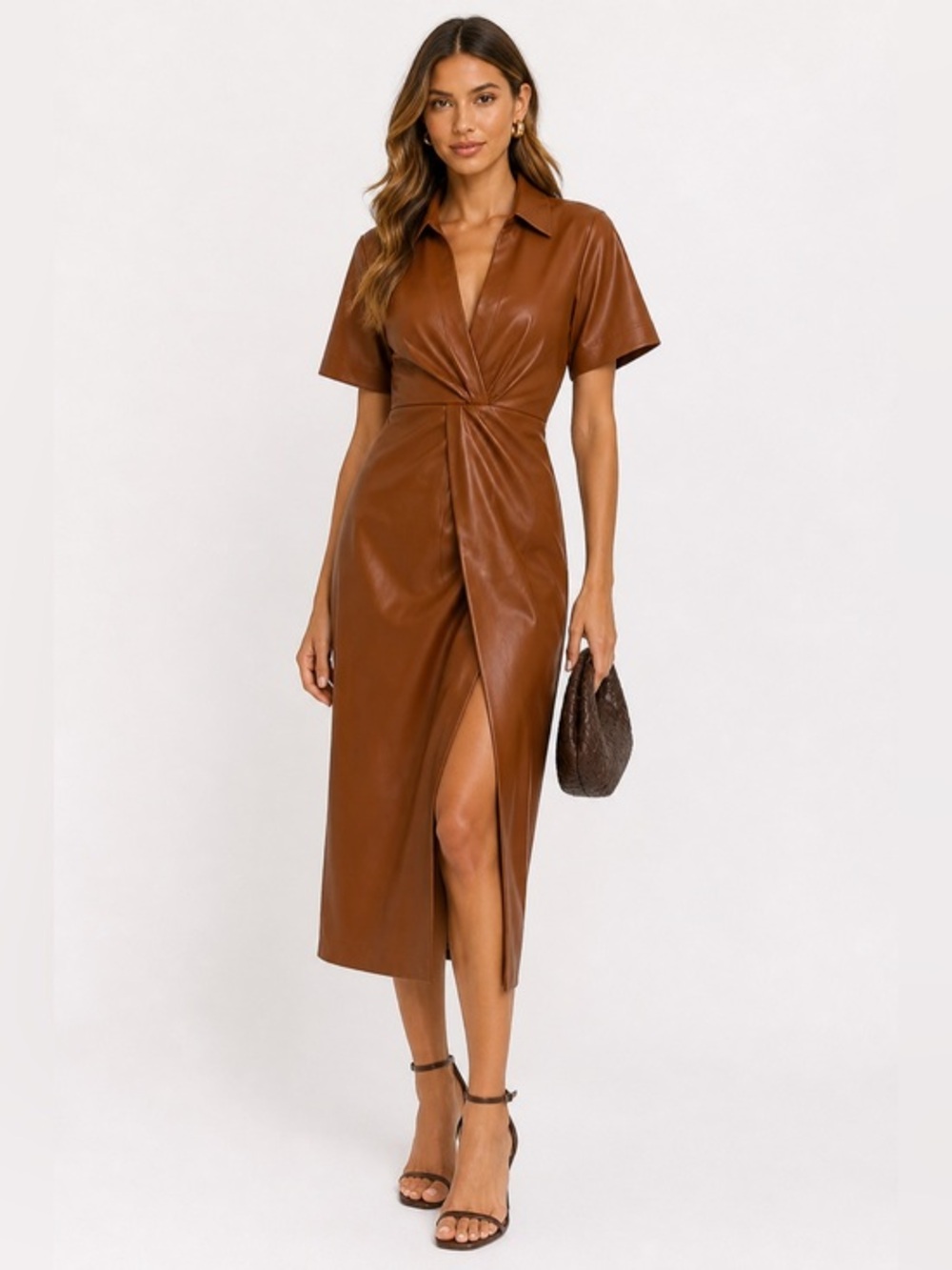 Zara Vegan Leather Midi Dress Brown Wrap Belted Shirt Dress Fall Winter Chic
